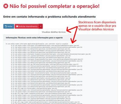 Tela de aviso: Não foi possível completar a operação
