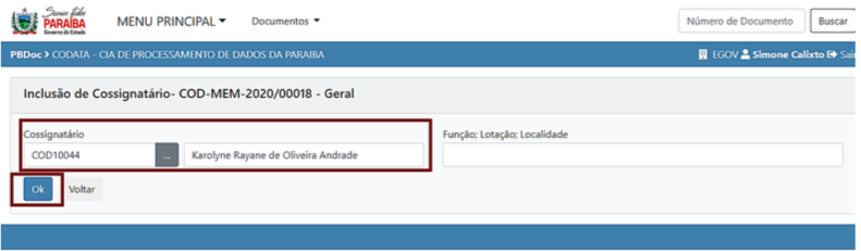 2.7 Incluir Cossignatário seleção