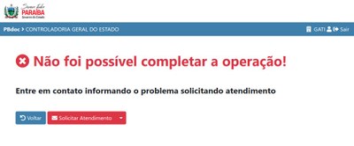 Tela de aviso Não foi possível completar a operação