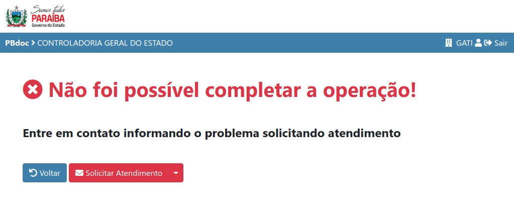 Não foi possível completar a operação