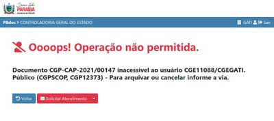 Tela de aviso para operação não permitida